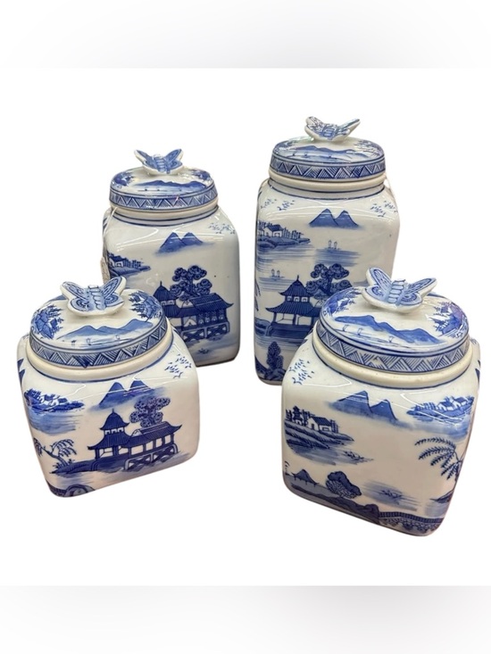 Other - Vintage Chinese Blue & White Ginger Jar Canister Set Butterfly Lids Chinoiserie
